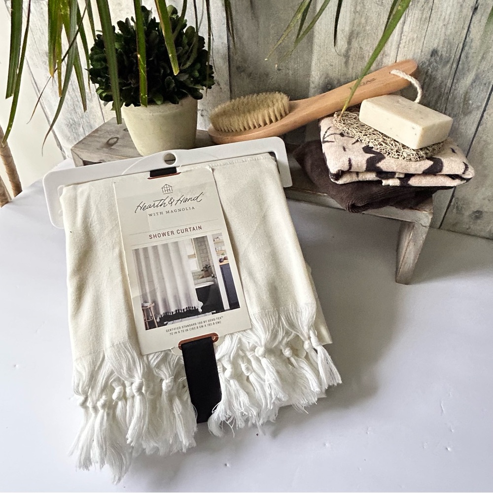 🌴 Graceful Hearth & Hand Fringe Stitch Knotted Shower Curtain w/ Lovely Fringe